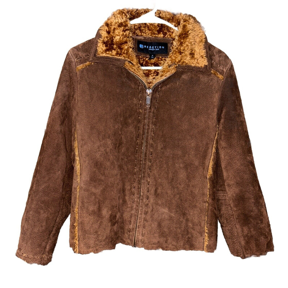 KENNETH COLE REACTION Women's size M Leather Jacket Coat FauxFur Lining Zip Y2K - Picture 1 of 9